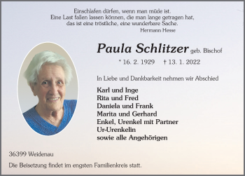 Traueranzeige von Paula Schlitzer von FZ