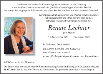 Traueranzeige von Renate Lechner von FZ