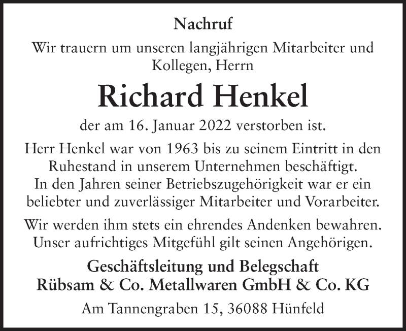  Traueranzeige für Richard Henkel vom 21.01.2022 aus FZ
