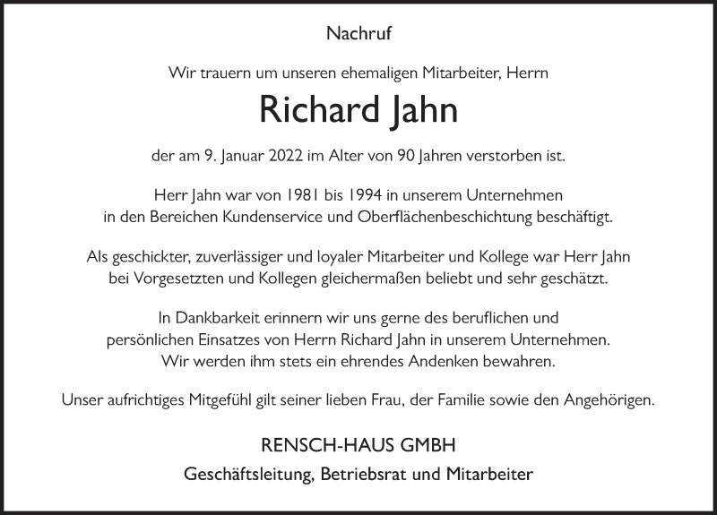  Traueranzeige für Richard Jahn vom 20.01.2022 aus FZ