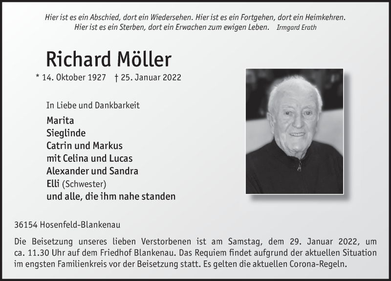  Traueranzeige für Richard Möller vom 28.01.2022 aus FZ