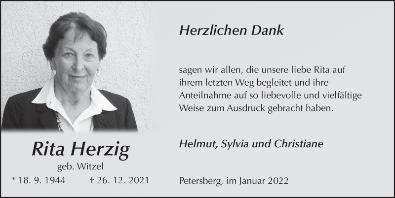  Traueranzeige für Rita Herzig vom 28.01.2022 aus FZ