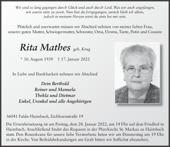 Traueranzeige von Rita Mathes von FZ
