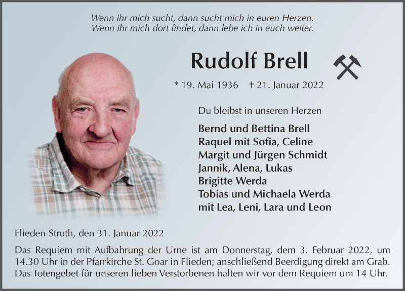  Traueranzeige für Rudolf Brell vom 31.01.2022 aus FZ