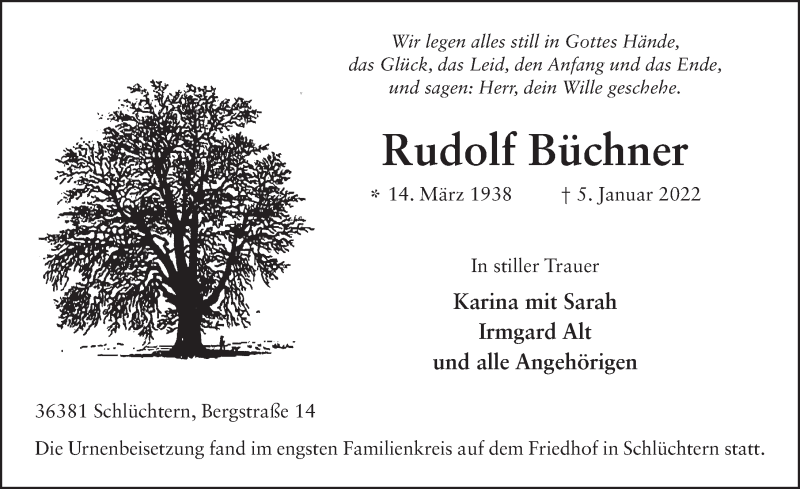  Traueranzeige für Rudolf Büchner vom 14.01.2022 aus FZ