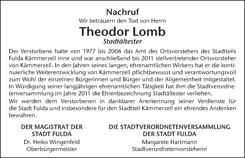  Traueranzeige für Theodor Lomb vom 15.01.2022 aus FZ