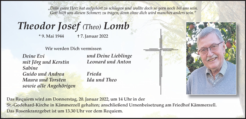  Traueranzeige für Theodor Lomb vom 15.01.2022 aus FZ