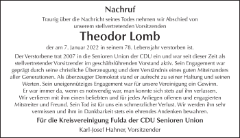Traueranzeige von Theodor Lomb von FZ