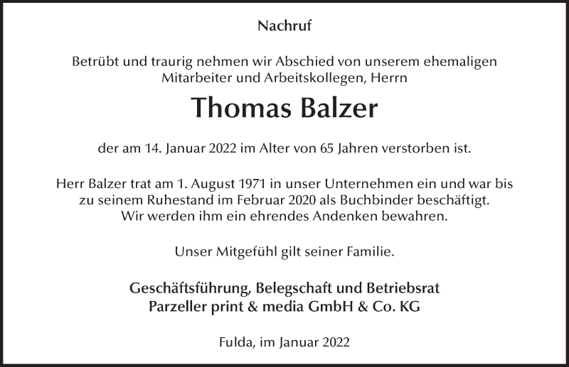  Traueranzeige für Thomas Balzer vom 28.01.2022 aus FZ