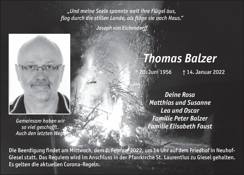  Traueranzeige für Thomas Balzer vom 28.01.2022 aus FZ