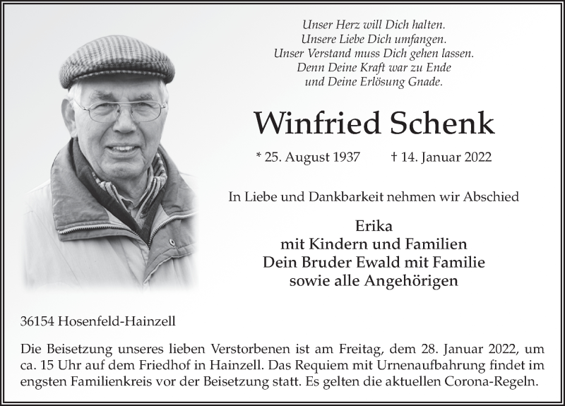  Traueranzeige für Winfried Schenk vom 26.01.2022 aus FZ