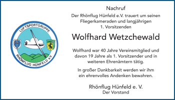 Traueranzeige von Wolfhard Wetzchewald von FZ