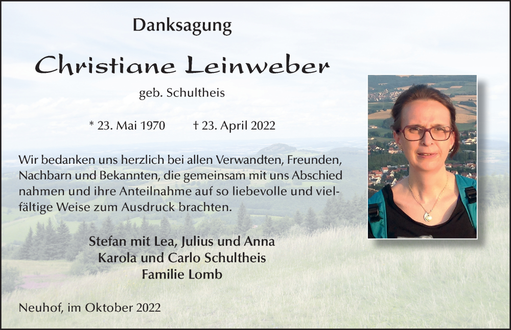 Traueranzeige für Christiane Leinweber vom 15.10.2022 aus FZ