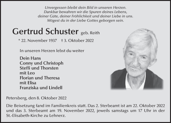 Traueranzeige von Gertrud Schuster von FZ