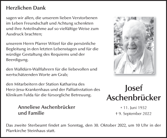 Traueranzeige von Josef Aschenbrücker von FZ