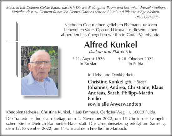 Traueranzeige von Alfred Kunkel von FZ