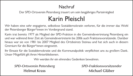 Traueranzeige von Karin Pleischl von FZ
