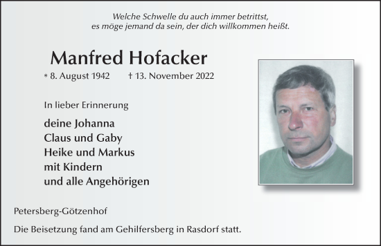 Traueranzeige von Manfred Hofacker von FZ