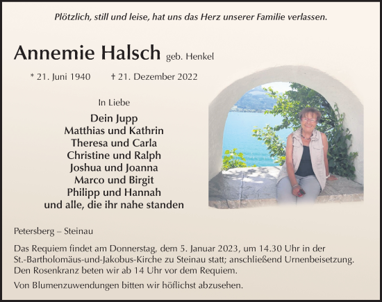 Traueranzeige von Annemie Halsch von FZ
