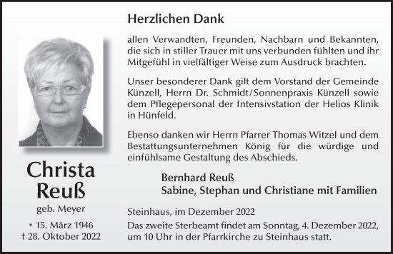Traueranzeige von Christa Reuß von FZ