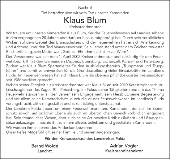 Traueranzeige von Klaus Blum von FZ