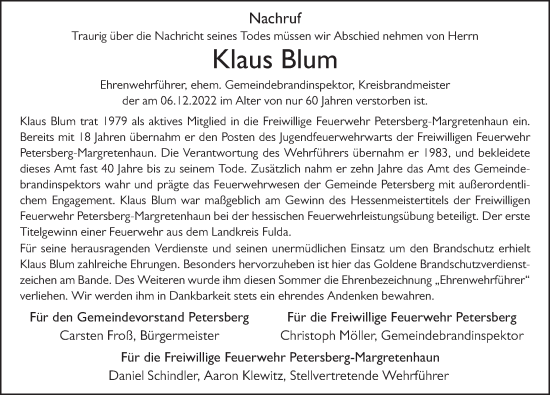 Traueranzeige von Klaus Blum von FZ