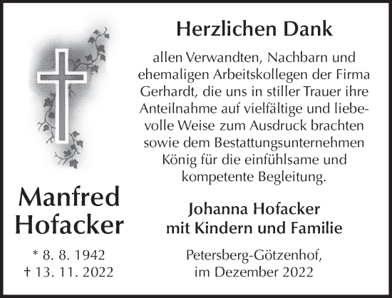 Traueranzeige von Manfred Hofacker von FZ