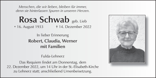 Traueranzeige von Rosa Schwab von FZ