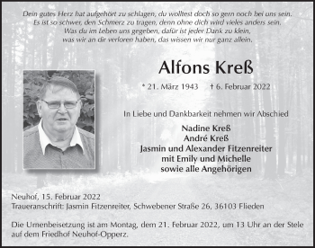 Traueranzeige von Alfons Kreß von FZ