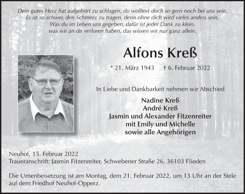  Traueranzeige für Alfons Kreß vom 15.02.2022 aus FZ