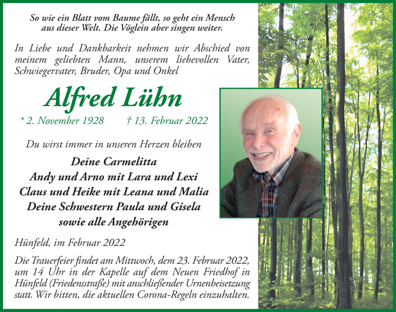  Traueranzeige für Alfred Lühn vom 19.02.2022 aus FZ