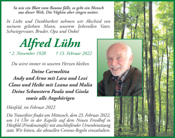 Traueranzeige von Alfred Lühn von FZ