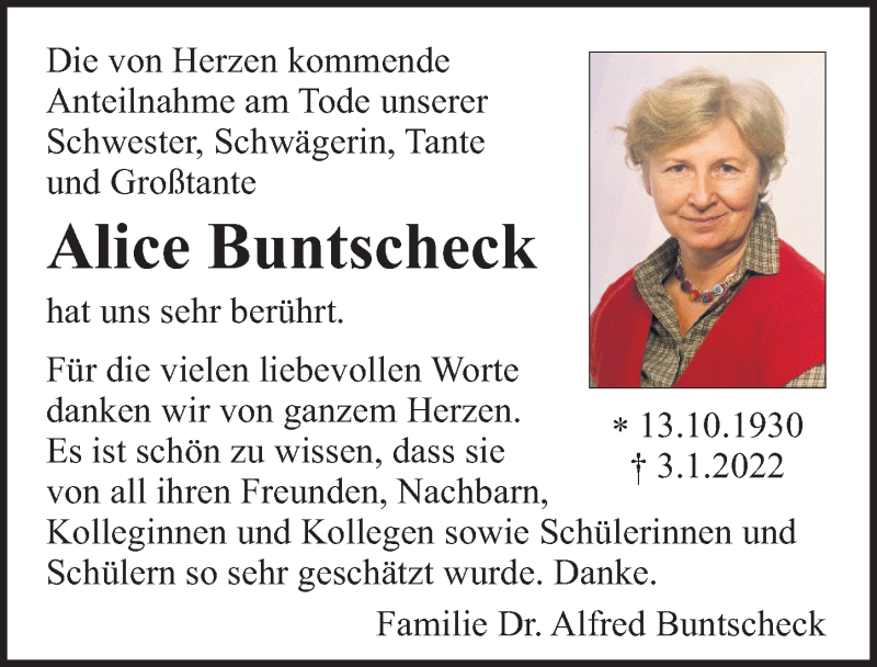 Traueranzeige für Alice Buntscheck vom 12.02.2022 aus FZ