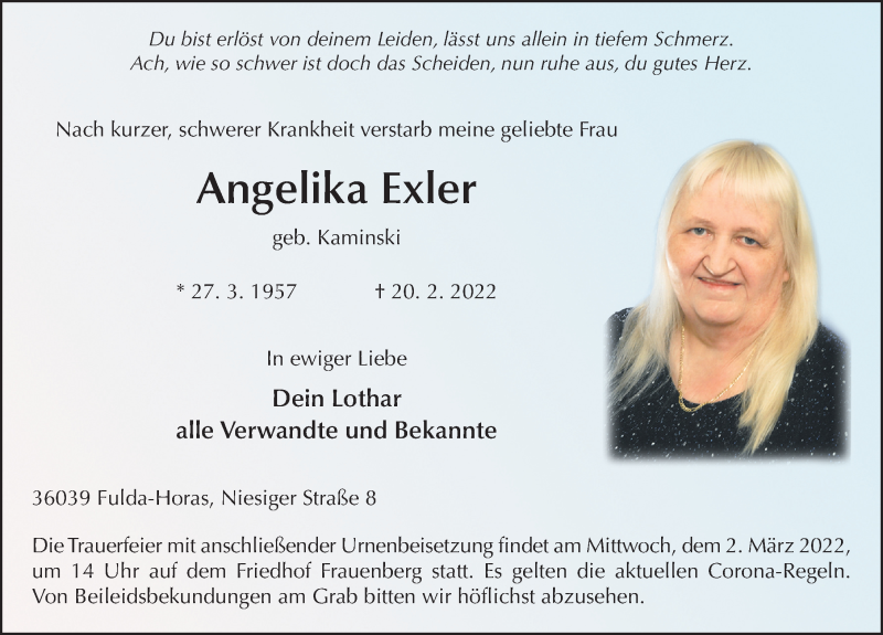  Traueranzeige für Angelika Exler vom 26.02.2022 aus FZ