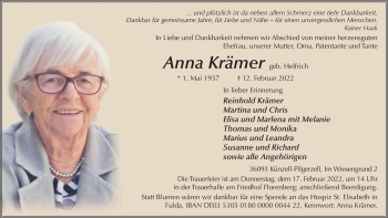 Traueranzeige von Anna Krämer von FZ