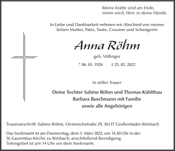 Traueranzeige von Anna Röhm von FZ