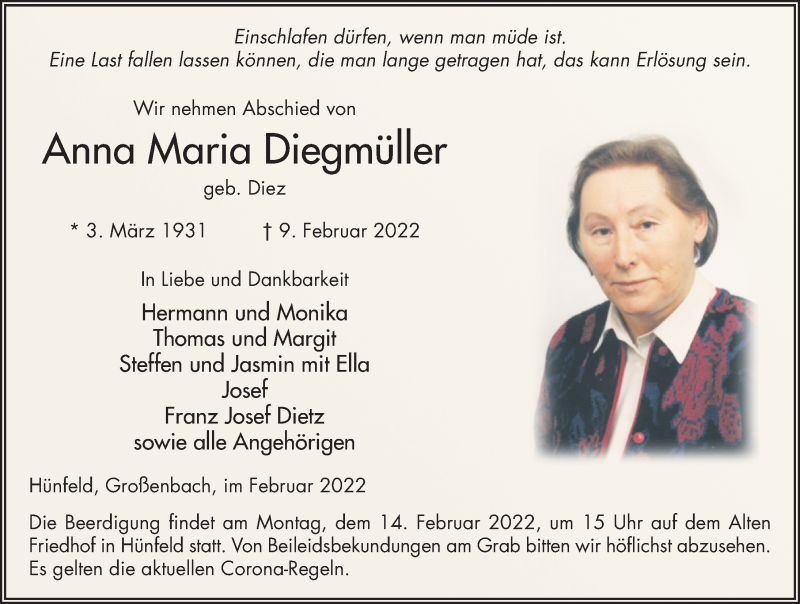  Traueranzeige für Anna Maria Diegmüller vom 11.02.2022 aus FZ