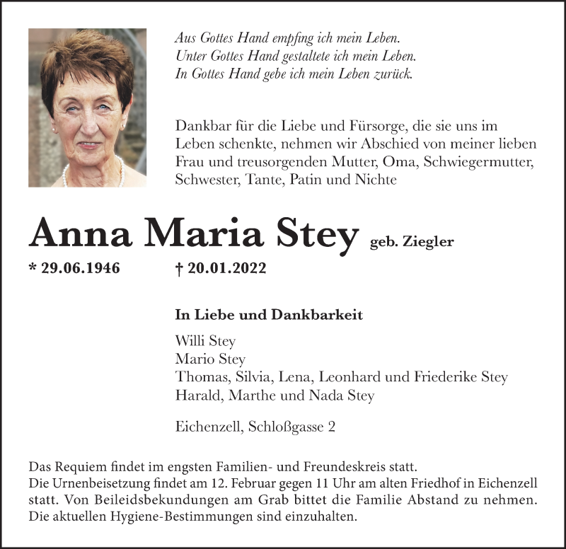  Traueranzeige für Anna Maria Stey vom 09.02.2022 aus FZ