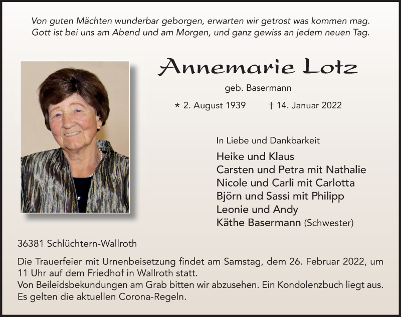  Traueranzeige für Annemarie Lotz vom 19.02.2022 aus FZ