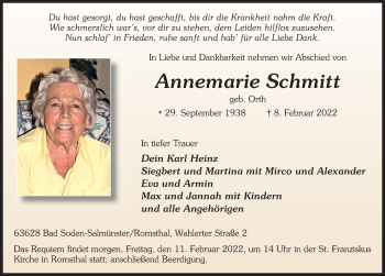 Traueranzeige von Annemarie Schmitt von FZ