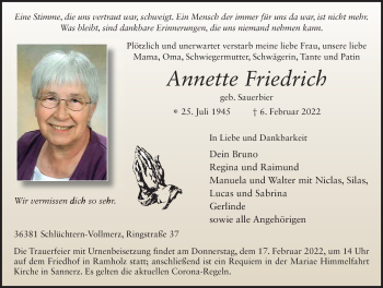 Traueranzeige von Annette Friedrich von FZ