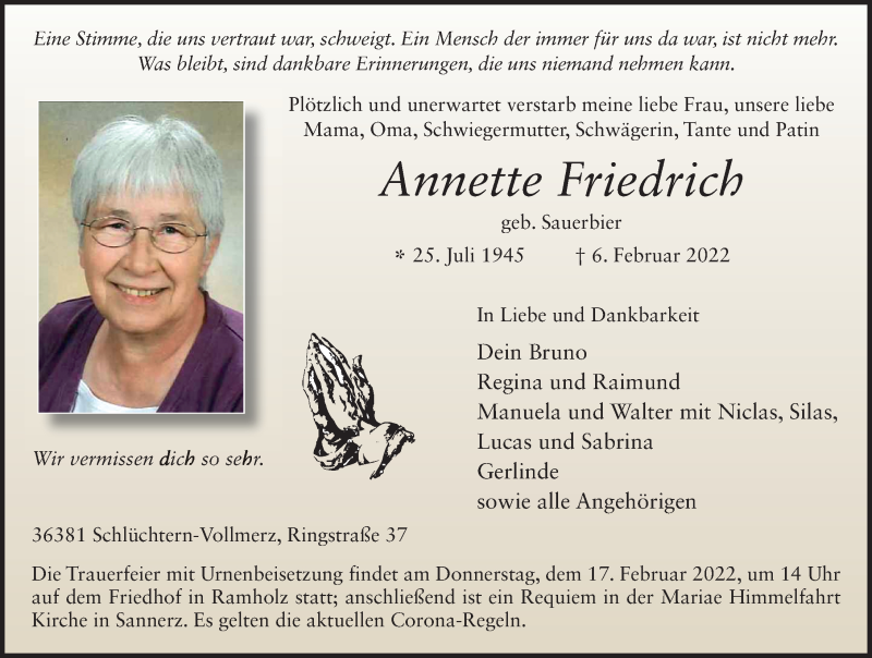  Traueranzeige für Annette Friedrich vom 12.02.2022 aus FZ