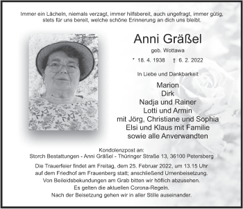Traueranzeige von Anni Gräßel von FZ