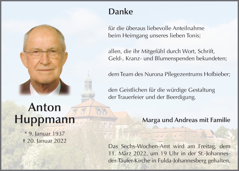  Traueranzeige für Anton Huppmann vom 26.02.2022 aus FZ