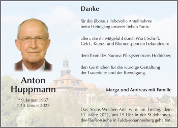 Traueranzeige von Anton Huppmann von FZ