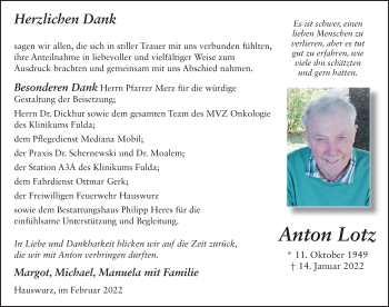 Traueranzeige von Anton Lotz von FZ