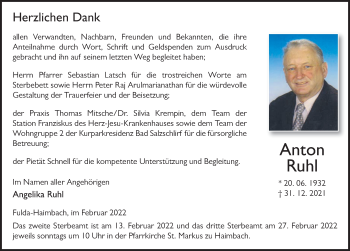 Traueranzeige von Anton Ruhl von FZ