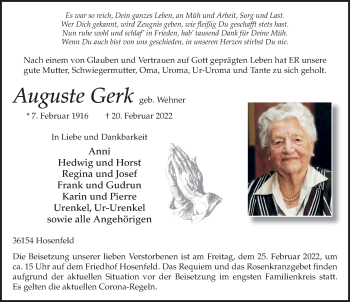 Traueranzeige von Auguste Gerk von FZ