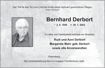 Traueranzeige von Bernhard Derbort von FZ