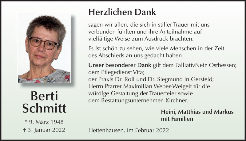  Traueranzeige für Berti Schmitt vom 05.02.2022 aus FZ